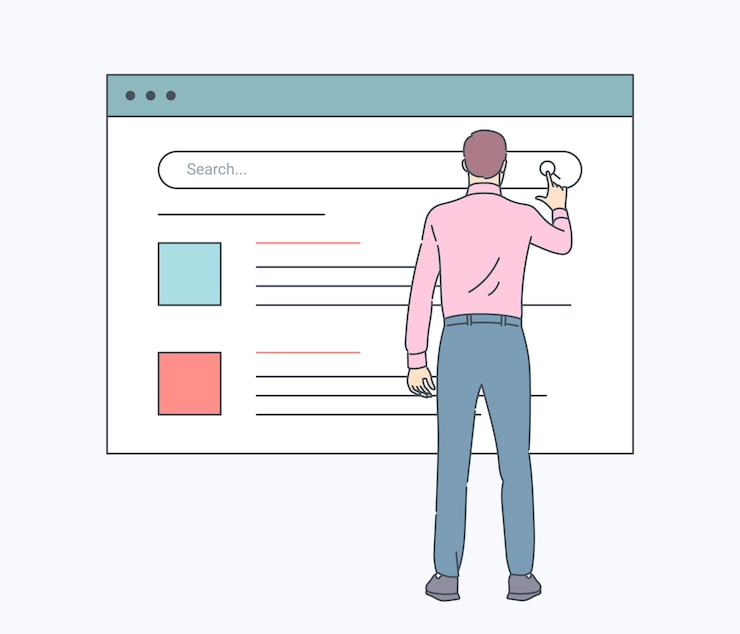 Vector tecnología de búsqueda web, sistema de búsqueda y tecnologías de internet. hombre presionando el botón de búsqueda para encontrar información en internet. ilustración vectorial plana