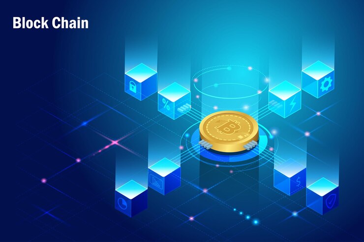 Vector tecnología de cadena de bloques en una red financiera segura que conecta el cubo digital con la visualización de big data