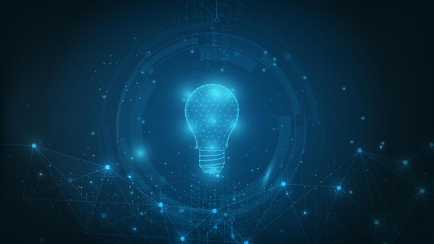 Tecnología de círculo vectorial con azul claro y bombilla sobre fondo de tecnología