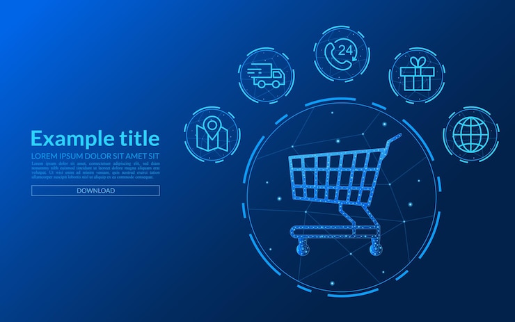 Vector tecnología de compras en línea con carrito con icono en fondo de tecnología azul entrega de comercio electrónico