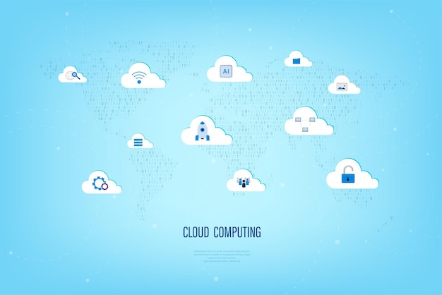 Tecnología de computación en la nube con iconos en la ilustración de vector de mapa mundial binario