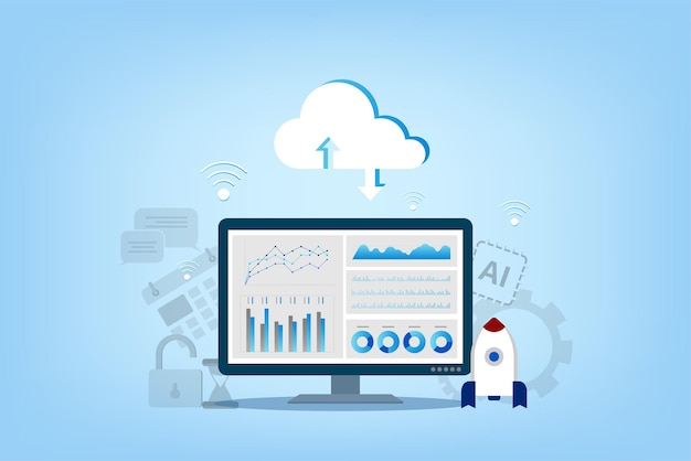 Tecnología de computación en la nube con iconos de nube e ilustración de vector de dispositivo digital