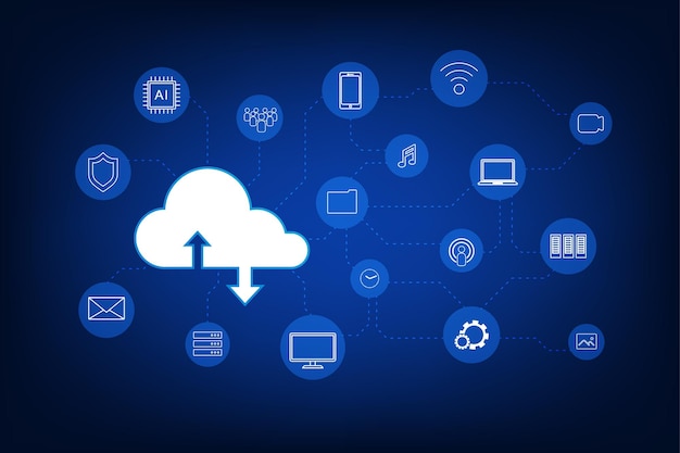 Tecnología de computación en la nube con iconos sobre fondo azul ilustración vectorial