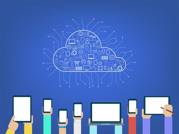 Vector tecnología de computación en la nube con iconos sobre fondo azul ilustración vectorial