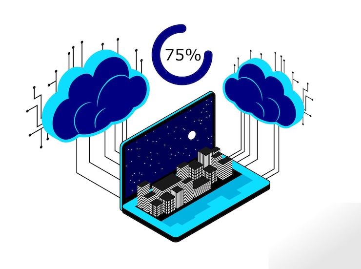 Vector tecnología de computación en nube vectorial ilustración isométrica portátil con ciudad en el teclado y noche
