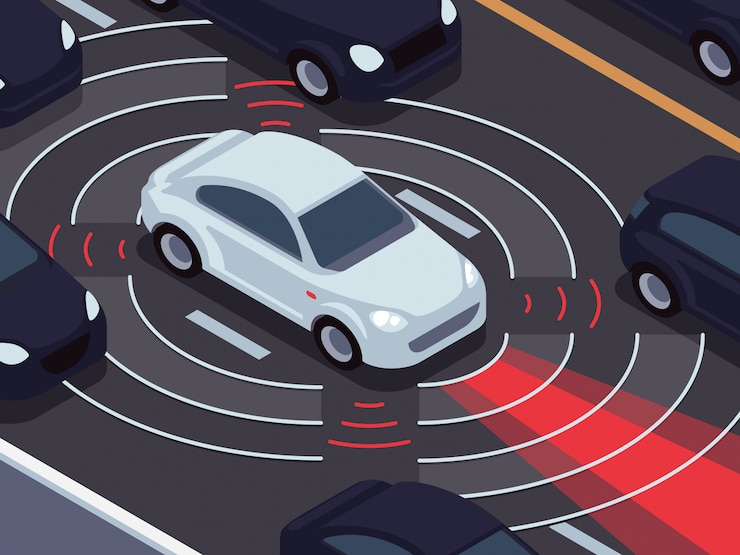 Vector tecnología de conducción autónoma del vehículo. concepto de vector de sistema de vigilancia de tráfico y asistente de coche