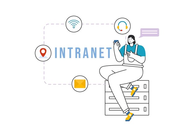 Tecnología de conexión a la red de Internet de Intranet Ilustración vectorial para compartir información confidencial de la empresa y el sitio web en un fondo plano de dibujos animados