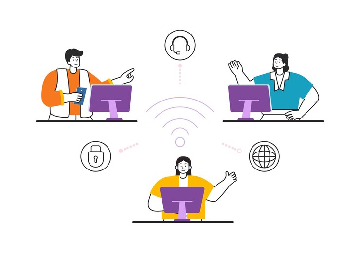 Vector tecnología de conexión a la red de internet de intranet ilustración vectorial para compartir información confidencial de la empresa y el sitio web en un fondo plano de dibujos animados