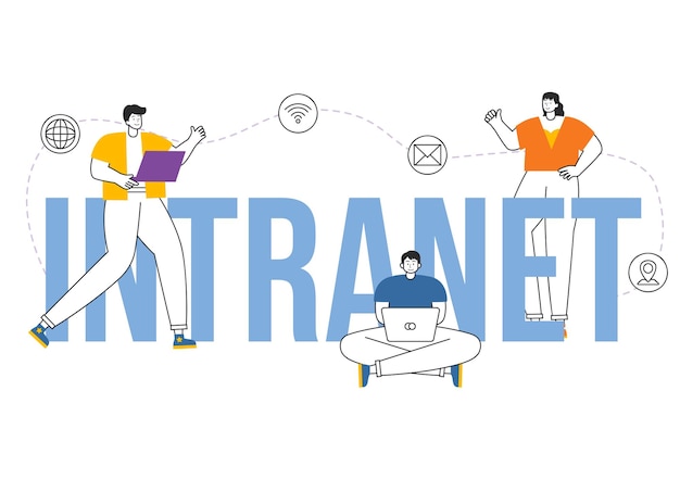 Tecnología de conexión a la red de Internet de Intranet Ilustración vectorial para compartir información confidencial de la empresa y el sitio web en un fondo plano de dibujos animados