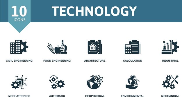 Tecnología conjunto iconos creativos ingeniería civil alimentos