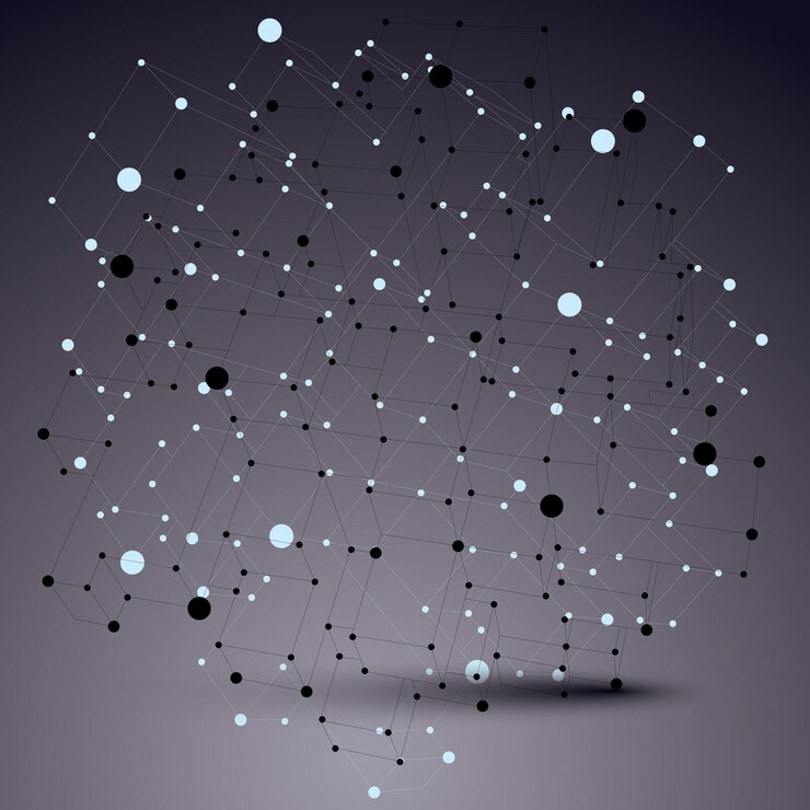 Vector tecnología contemporánea construcción futurista con estilo en blanco y negro, figura 3d abstracta vectorial con líneas y puntos conectados.