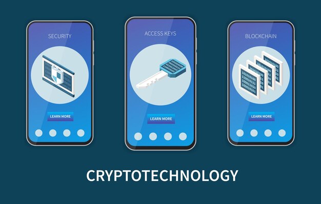 Tecnología criptográfica isométrica blockchain claves de acceso seguridad banners web móviles conjunto aislado sobre fondo oscuro 3d ilustración vectorial