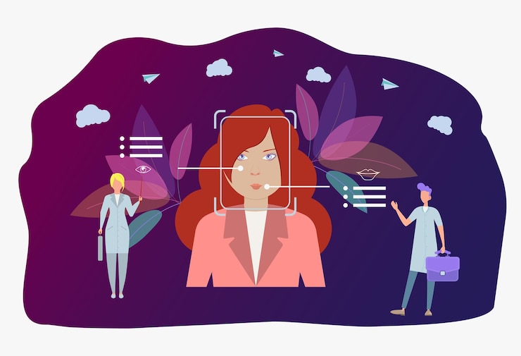Vector tecnología de detección de emociones reconocimiento de estado emocional concepto de tecnología de sensor emo reconocimiento de emociones de una mujer ilustración vectorial colorida