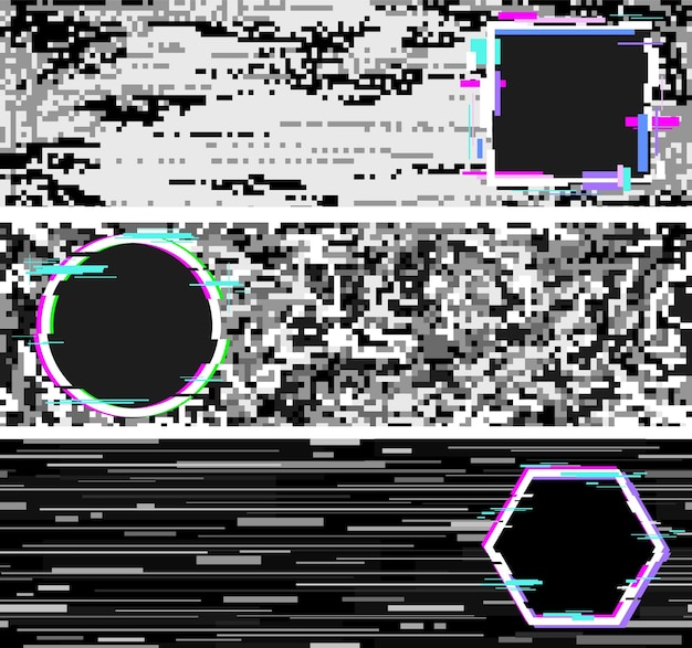 Vector tecnología digital banderas de efecto ruido con glitch marcos geométricos diseño monocromático abstracto futurista colores de neón elementos de fondo vectorial