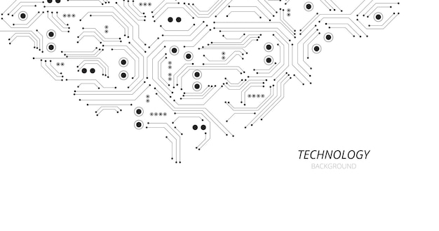 Tecnología digital circuito negro sobre fondo blanco.