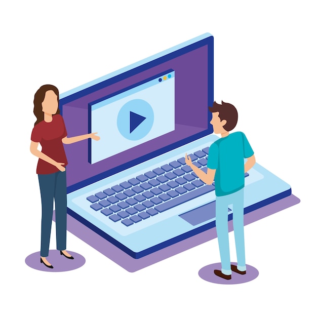 tecnología digital con gente de trabajo en equipo isométrica