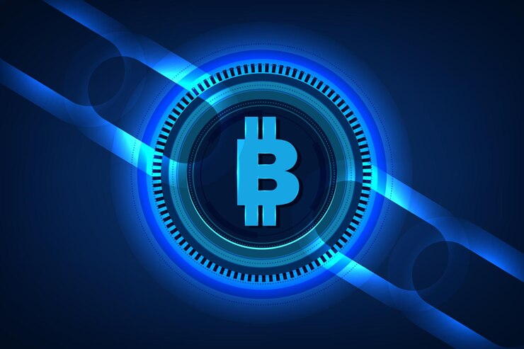 Vector tecnología digital de la moneda criptográfica bitcoin en el fondo de la placa de circuitos