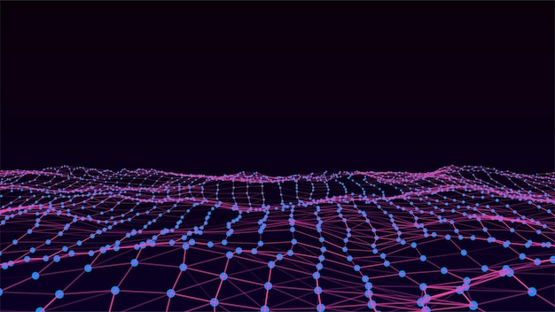 Tecnología digital vectorial onda Ciberespacio oscuro con puntos y líneas de movimiento Fondo futurista
