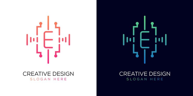 Vector tecnología diseño de la letra e del logotipo gradiente de color