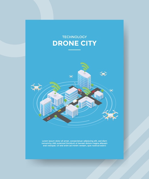 Tecnología drone concepto de ciudad drone volando en edificio de la calle