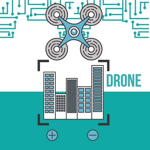 Tecnología drone futurista vuelo zoom ciudad ubicación