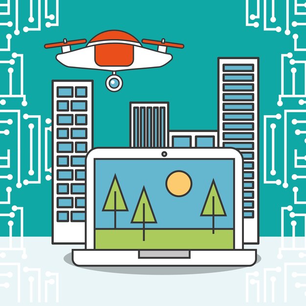 tecnología de drones paisaje de la ciudad de laptop