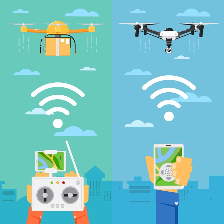 Vector tecnología de drones con robots voladores