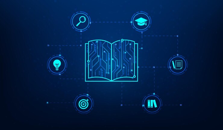 Vector tecnología educativa aprendizaje en línea sobre fondo azul libro abierto aprendizaje electrónico en línea digital