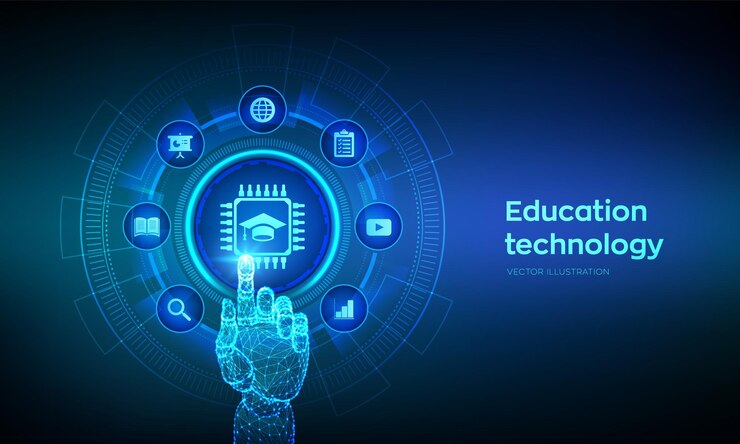 Vector tecnología educativa edtech innovador concepto de aprendizaje electrónico en línea conocimiento de seminarios web cursos de capacitación en línea desarrollo de habilidades interfaz digital táctil de mano robótica ilustración vectorial