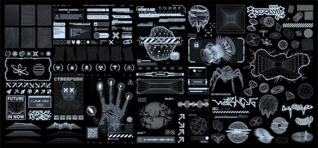 Tecnología elementos digitales retrofuturistas interfaz hud 3d y2k formas abstractas esferas estructura alámbrica