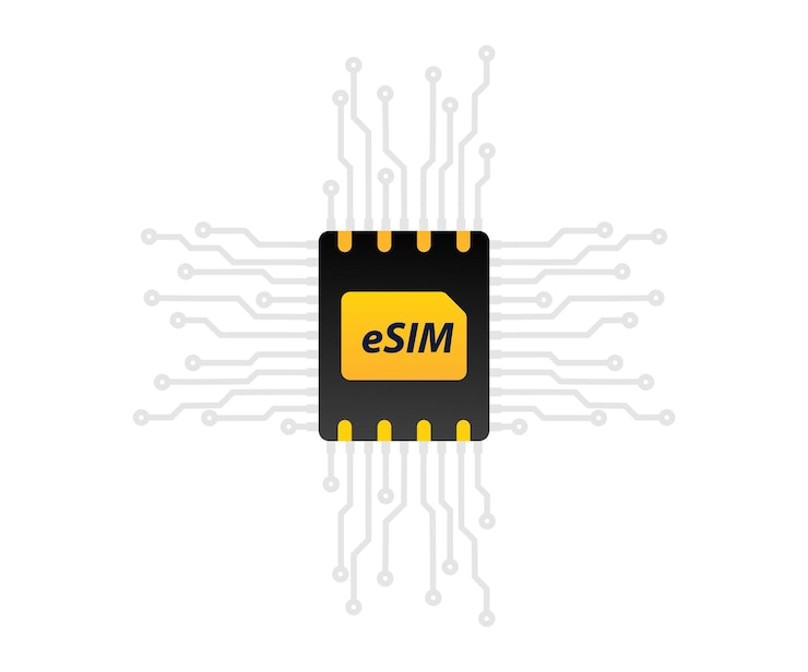 Vector tecnología esim. sim integrada. nueva tecnología de comunicación móvil. icono de la tarjeta sim integrada sim. tarjetas sim 5g para dispositivos móviles con chip