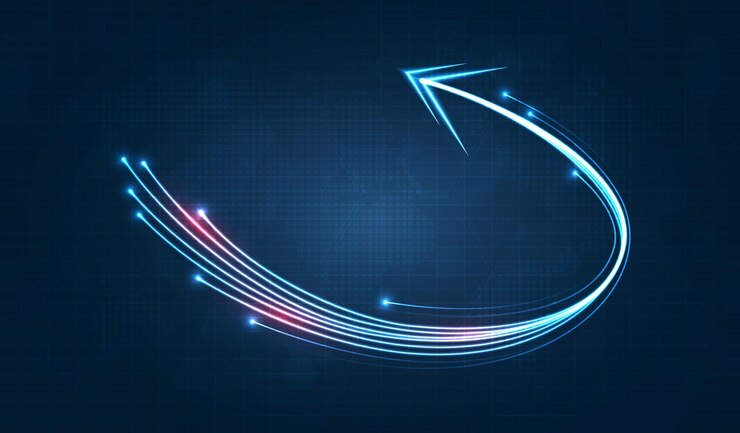 Vector la tecnología de flecha azul de movimiento de velocidad de la luz comunica la red de datos inalámbrica de fondo y el concepto de tecnología de conexión diseño de vector de fondo futurista de alta velocidad