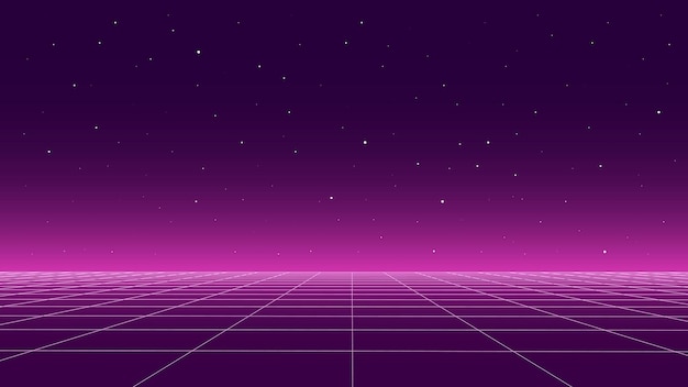 Tecnología de fondo perspectiva cuadrícula retro superficie cibernética futurista años 80 años 90 años de estilo Vector malla rosa en colores de fondo paisaje de marco de alambre espacial digital