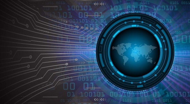 Vector tecnología futura de la placa de circuito binario mundial, fondo azul del concepto de seguridad cibernética de hud