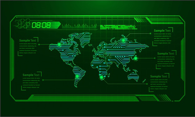 Tecnología futura de la placa de circuito binario mundial, fondo azul de seguridad cibernética de hud,