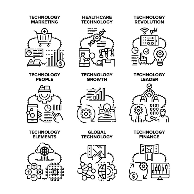 Tecnología global establece iconos ilustraciones vectoriales. Tecnología global y finanzas de crecimiento, máquina de tratamiento de atención médica de personas y revolución, marketing y líder Ilustración negra