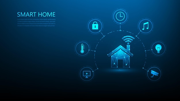 Tecnología de hogar inteligente con icono de dispositivos en tecnología y sistema de control de hogar de fondo azul