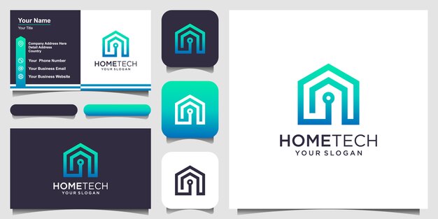 Tecnología de hogar inteligente con logotipo de estilo de arte lineal y diseño de tarjeta de visita