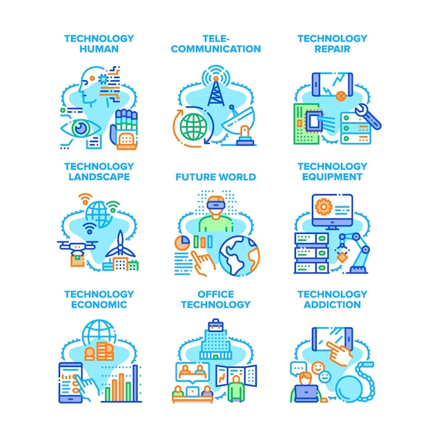 Tecnología humana set iconos ilustraciones vectoriales. Reparación y adicción de equipos tecnológicos, económicos y de oficina, panorama mundial del futuro y telecomunicaciones. Electrónica Ilustraciones