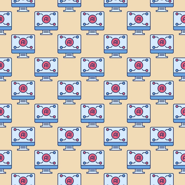 tecnología de IA en PC Vector de pantalla Inteligencia Artificial Computadora de color patrón sin costuras en el estilo de contorno.