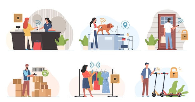 Tecnología de identificación por radiofrecuencia etiquetas electrónicas detección automática de personas con escáneres pagos y apertura de puertas entrega y compras automatización de negocios vector conjunto aislado