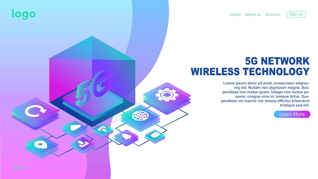 Tecnología inalámbrica de red 5G Internet móvil de plantilla de diseño de página web de próxima generación