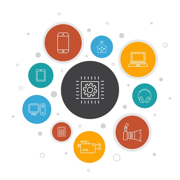 Tecnología infografía diseño de burbujas de 10 pasos. casa inteligente, cámara de fotos, tableta, iconos simples de teléfonos inteligentes