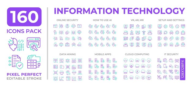 Tecnología de la información colección de iconos de dos líneas de colores