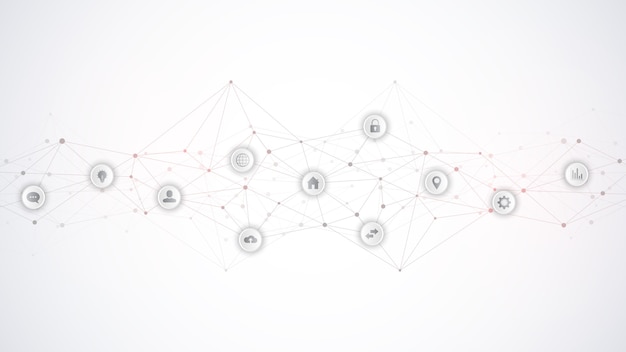 Tecnología de la información con elementos e iconos planos. Fondo técnico abstracto. Tecnología digital, conexión de red y concepto de comunicación.