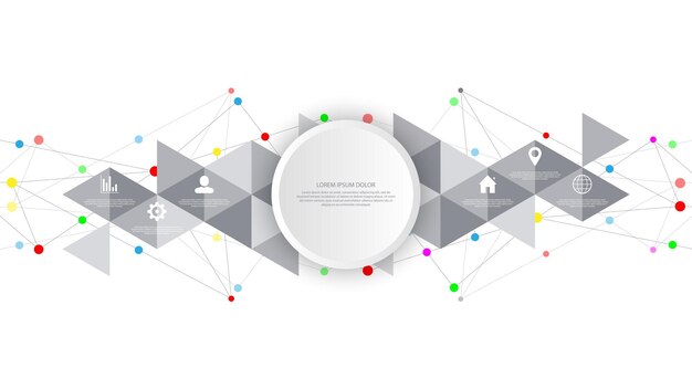 Tecnología de la información con elementos infográficos e iconos planos. Fondo abstracto con puntos y líneas de conexión. Conexión de red global, tecnología digital y concepto de comunicación.