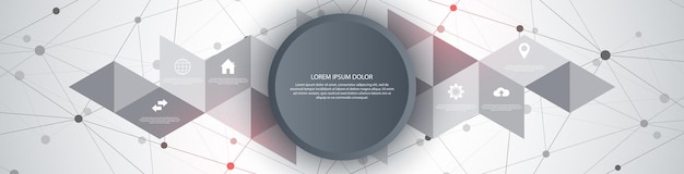 Tecnología de la información con elementos infográficos e iconos planos. Fondo abstracto con puntos y líneas de conexión. Conexión de red global, tecnología digital y concepto de comunicación.