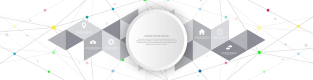 Tecnología de la información con elementos infográficos e iconos planos. Fondo abstracto con puntos y líneas de conexión. Conexión de red global, tecnología digital y concepto de comunicación.