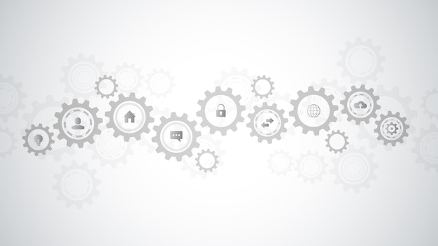Tecnología de la información con elementos infográficos e iconos planos. Mecanismos de engranajes y piñones. Tecnología e ingeniería digital de alta tecnología. Fondo técnico abstracto.