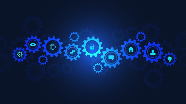 Tecnología de la información con elementos infográficos e iconos planos. Mecanismos de engranajes y piñones. Tecnología e ingeniería digital de alta tecnología. Fondo técnico abstracto.